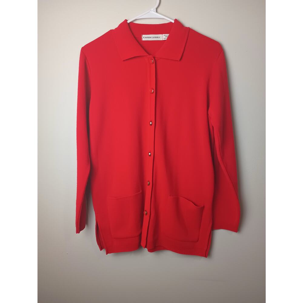 Vtg Karen‎ Lessly Button up Cardigan Collar Double Breasted pockets Women PM